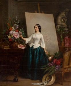 Woman Flower Painter At The Easel by Jean Baptiste Antoine Emile Beranger