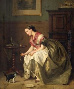 Junge Frau Futtert Ein Katzchen In Der Stube by Jean Baptiste Antoine Emile Beranger
