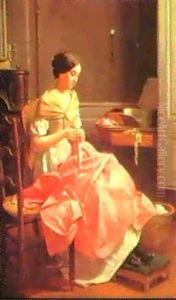 A Young Woman Sewing by Jean Baptiste Antoine Emile Beranger