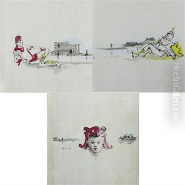 Guerrier Au Repos, Habits Rouge (+ 2 Others, Oil On Board; 3 Works) - view 1