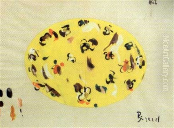 Projet De Tapis Ovale, Fleurs Stylisees Sur Fond Jaune - view 1