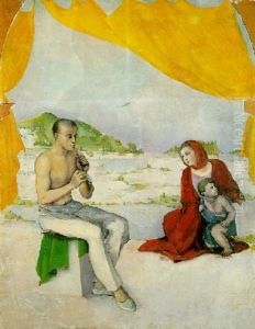 Joueur De Flute, Femme Et Enfant Dans Un Paysage