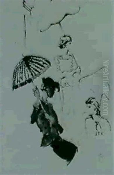 Deux Dessins De Modeles Aux Parasols - view 1