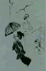 Deux Dessins De Modeles Aux Parasols by Christian Berard