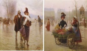 La Marchande De Fleurs Sur Une Place Parisienne by Evremond de Berard