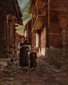 Young Woman With Children In Mountain Landscape by Jean Beraud