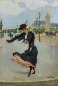 Elegante Devant Le Grand Palais Sur Le Pont Alexandre Iii by Jean Beraud