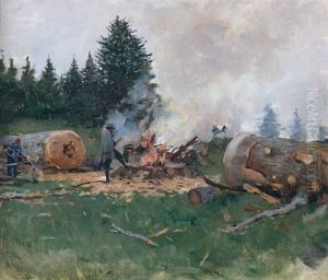 Promeneur Devant Un Feu De Bucherons