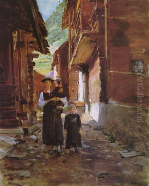 Young Woman With Children In A Mountain Village Street - view 1