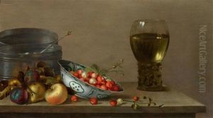 A Still Life With Apples, Plums, A Porcelain Bowl With Strawberries And A Romer With Wine On A Table