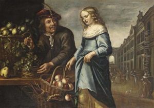 A Fruit Seller And A Young Woman In A Blue Dress At A Fruit Stall In A Crowded Marketplace