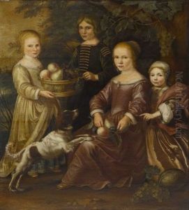 Vier Kinder Mit Hund Bei Einem Weinstock by Gillis Gillisz. de Berch