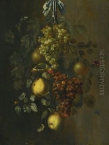 A Festoon Of Grapes, Apples And Pears Hanging From A Nail, With Snails, Butterflies And A Parrot by Gillis Gillisz. de Berch