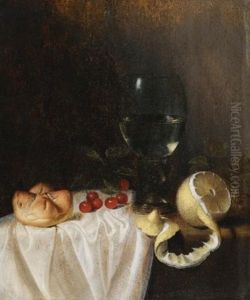 A Still Life With A Roemer, A Peeled Lemon, Cherries And A Bread Roll On A Partly-draped Table by Gillis Gillisz. de Berch