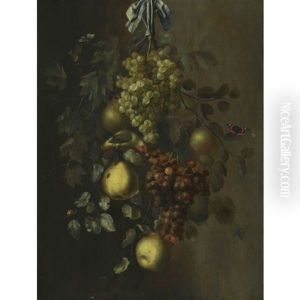 A Festoon Of Grapes, Apples And Pears Hanging From A Nail, With Snails, Butterflies And A Parrot