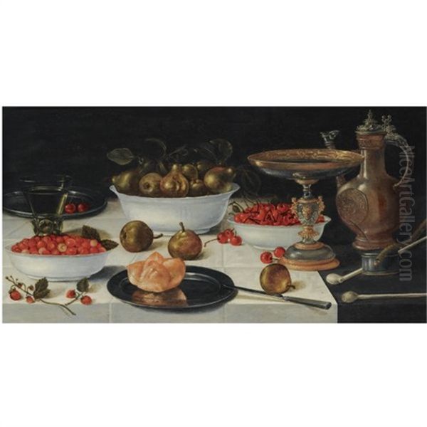 A Still Life With Strawberries, Pears And Cherries In Porcelain Bowls, Together With A Bun On A Silver Plate, A Roemer, A Tazza, A Jug, Two Pipes And Burning Taper, All On A Table Draped With A White - view 1