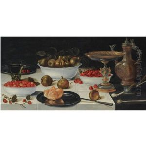 A Still Life With Strawberries, Pears And Cherries In Porcelain Bowls, Together With A Bun On A Silver Plate, A Roemer, A Tazza, A Jug, Two Pipes And Burning Taper, All On A Table Draped With A White by Gillis Gillisz. de Berch