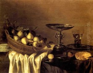 Nature Morte Au Panier De Poires Et Pieces D'argenterie Sur Un Entablement