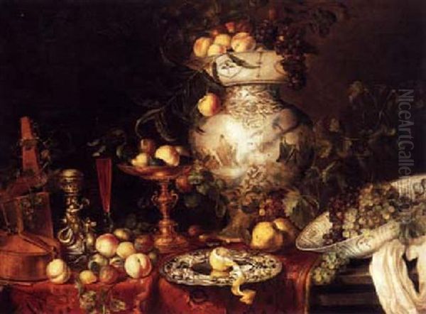 Pronk Still Life Of A Violin, Silver Salt Cellar, Peaches, Prunes, Pears And Other Fruit, On Ledge Draped With Tapestry - view 1