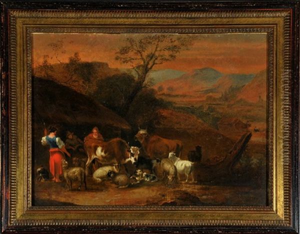 Hirtenfamilie Mit Vieh Vor Einer Hutte In Abendlicher, Italienischer Landschaft - view 1