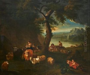 Pastoral Landscape With Shepherds And Their Animals by Nicolaes Berchem