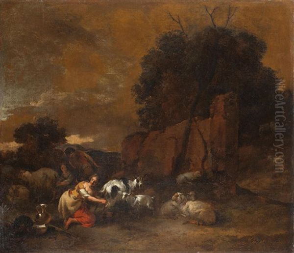 Peasants Milking Goats At Dusk - view 1