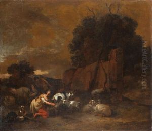 Peasants Milking Goats At Dusk by Nicolaes Berchem