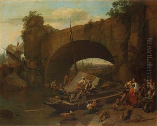 Figures Under A Bridge In An Italianate River Landscape - view 1