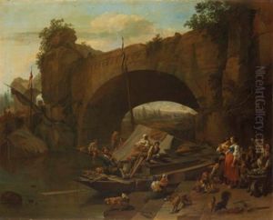 Figures Under A Bridge In An Italianate River Landscape Figures Under A Bridge In An Italianate River Landscape