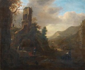 A River Landscape With Drovers And Their Herd by Nicolaes Berchem