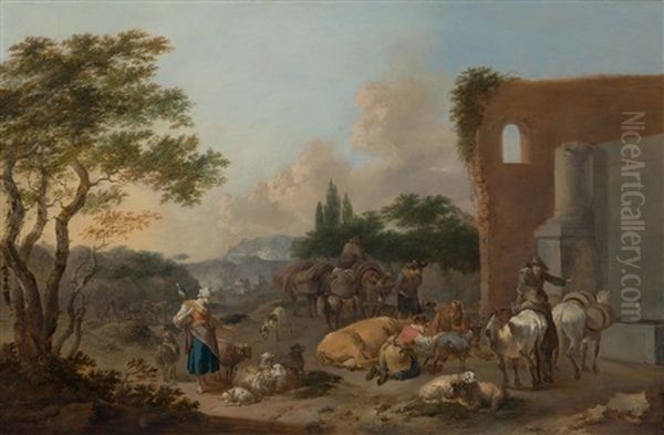 Mediterranean Landscape With Peasants And Their Animals By A Fountain - view 1
