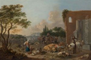 Mediterranean Landscape With Peasants And Their Animals By A Fountain by Nicolaes Berchem