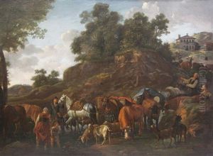 Drovers With Horses, Cattle And Goats In A Landscape by Nicolaes Berchem