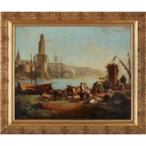 Peasants And Animals On A Quayside, Beached Warships Beyond