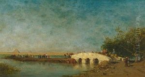 Orientalische Wasserlandschaft Mit Karavane An Einer Brucke