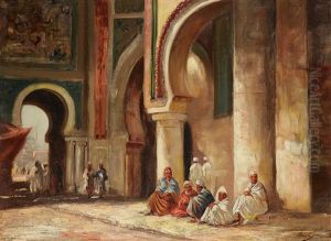 Personnages Assis Dans La Mosque Ibn Tulun, Au Fond La Mosquee Muhamed Ali by Narcisse Berchere