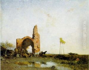 Caravane Au Repos (orientalische Landschaft Mit Ruine, Arabern Und Ruhenden Pferden Und Kamelen}