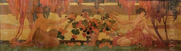 Deux Jeunes Femmes Et Bouquet De Fleurs Dans Un Paysage - view 1