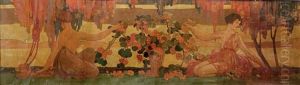 Deux Jeunes Femmes Et Bouquet De Fleurs Dans Un Paysage by Emile Berchmans