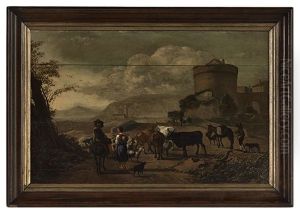 Shepherdess With Livestock In An Italian Landscape by Gerrit Adriaensz Berckheyde