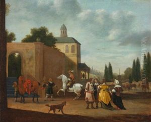 Elegant Figures Before A Town by Gerrit Adriaensz Berckheyde