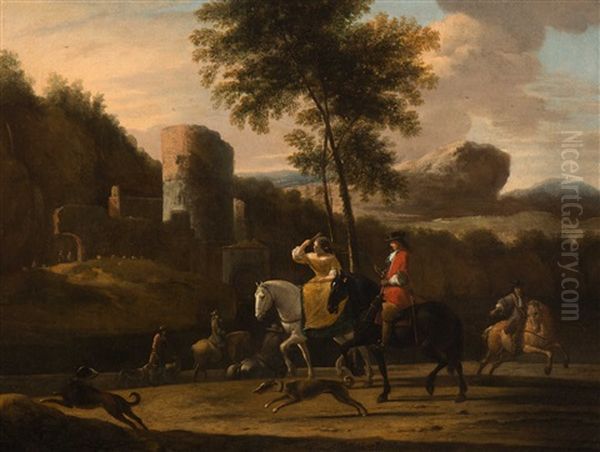 Elegant Company On Horseback With A Ruin In The Background - view 1