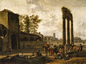 Architectural Capriccio With Market Scene by Gerrit Adriaensz Berckheyde