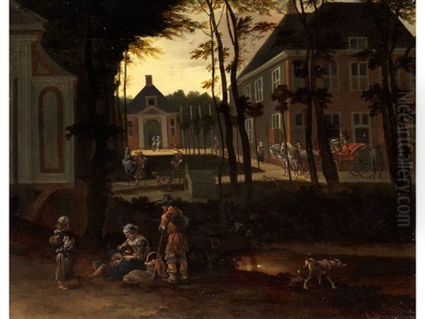 Blick Auf Einen Schlosshof Mit Staffagefiguren Bei Sonnenuntergang - view 1