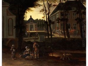 Blick Auf Einen Schlosshof Mit Staffagefiguren Bei Sonnenuntergang by Gerrit Adriaensz Berckheyde