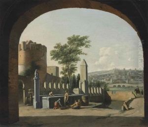 A Townscape Viewed Through An Archway, With Women By A Fountain A Townscape Viewed Through An Archway, With Women By A Fountain