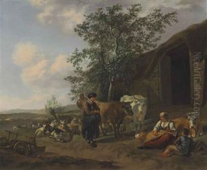 An Italianate Landscape With Peasants Outside A Barn