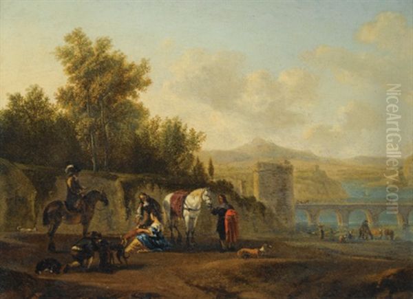 An Extensive Italianate River Landscape With Travelers Resting On A Path - view 1