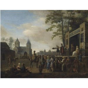 A Stage Play In A Village Street, With Numerous Villagers Watching, A Church In The Background by Gerrit Adriaensz Berckheyde