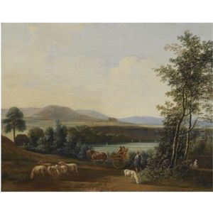 An Extensive Hilly Landscape With A Horse-drawn Carriage With Elegant Figures Riding Along Fields, A Shepherd With His Flock Of Sheep In The Foreground An Extensive Hilly Landscape With A Horse-drawn Carriage With Elegant Figures Riding Along Fields, A Shepherd With His Flock Of Sheep In The Foreground